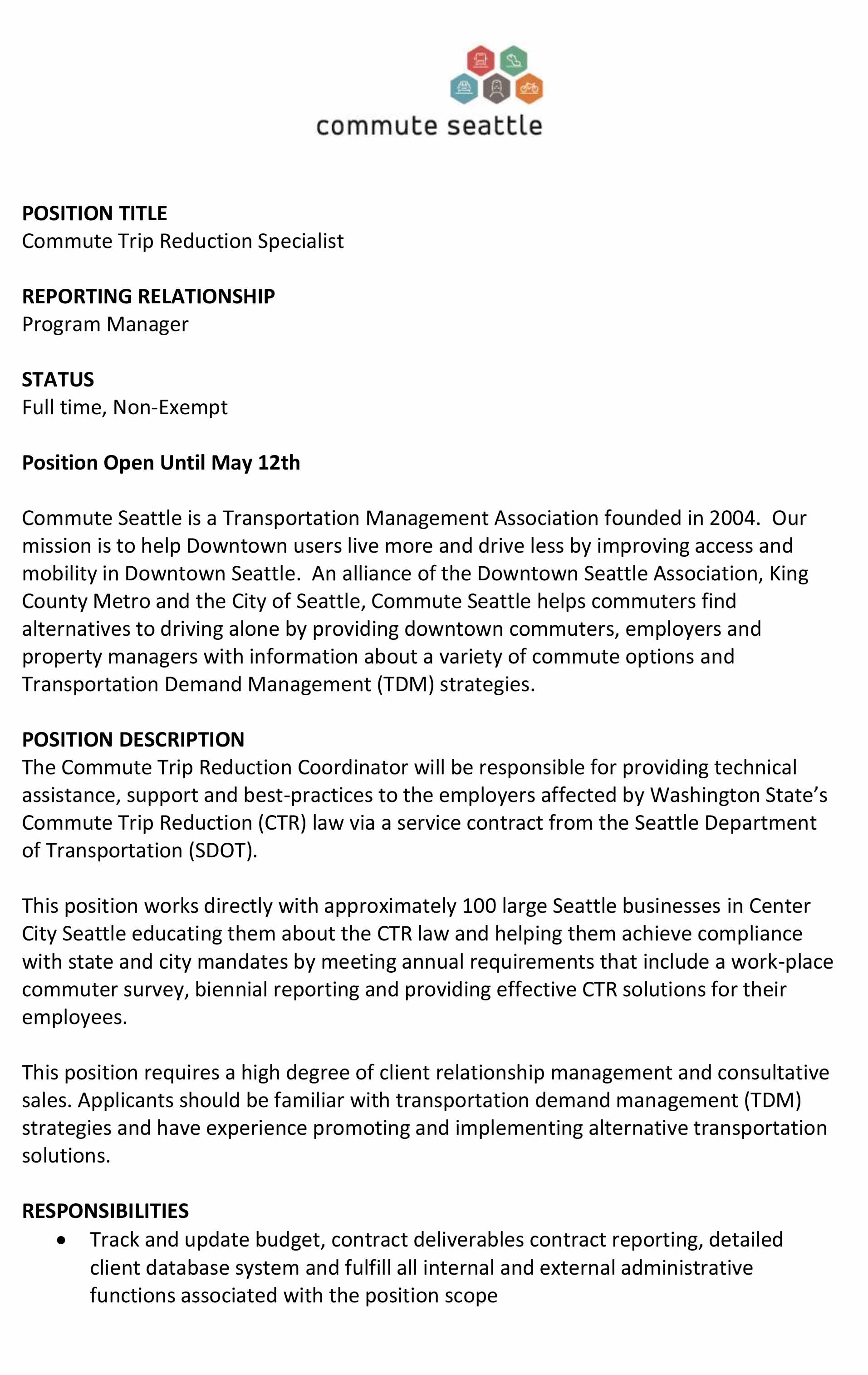 Commute Seattle Commute Trip Reduction Specialist Job Opening